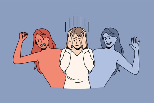 Mental health and Bipolar disorder concept. Young woman covering head with hands feeling variety moods suffering from bipolar disorder illness vector illustration