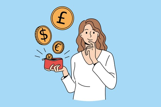 Various currency and money concept. Young smiling woman cartoon character standing holding red purse with flying different coins vector illustration