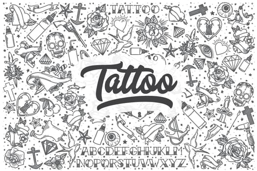 Hand drawn tattoo doodle set. Lettering - Tattoo