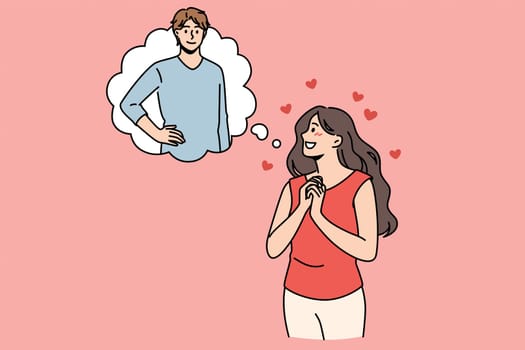 Feeling in love and romance concept. Young smiling female cartoon character standing feeling in love dreaming of her boyfriend vector illustration