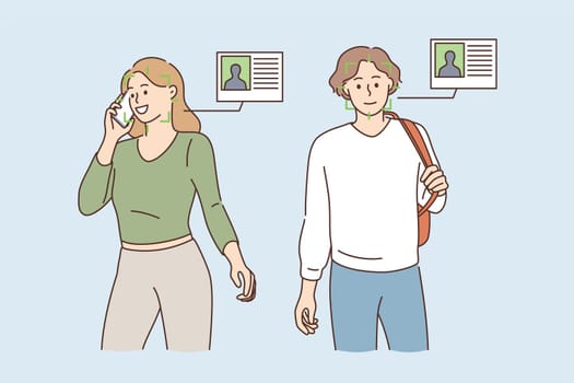 Scanning faces and identity concept. Young smiling man and woman cartoon characters standing with green scan on faces and identity cards nearby vector illustration