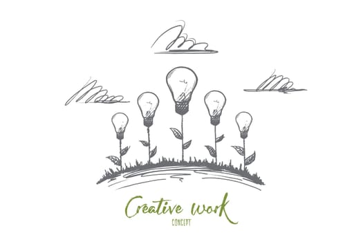 Creative work concept. Hand drawn creative illustrations of flowers. The birth of an idea. Incandescent lamp the symbol of creative idea isolated vector illustration.