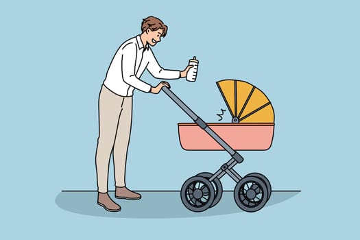Happy fatherhood and communication with baby concept. Young smiling man father cartoon character walking with stroller and newborn baby inside vector illustration