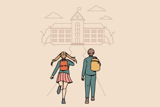 Back to school and education concept. Small boy and girl running backwards to school feeling positive and happy vector illustration