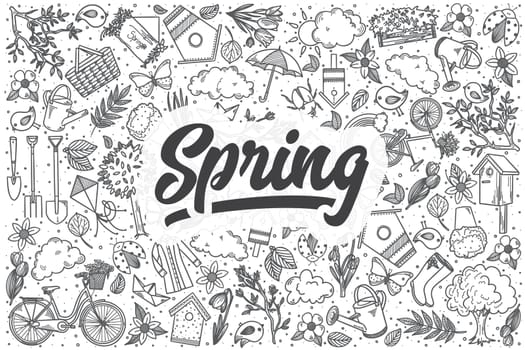 Hand drawn spring doodle set. Lettering - Spring