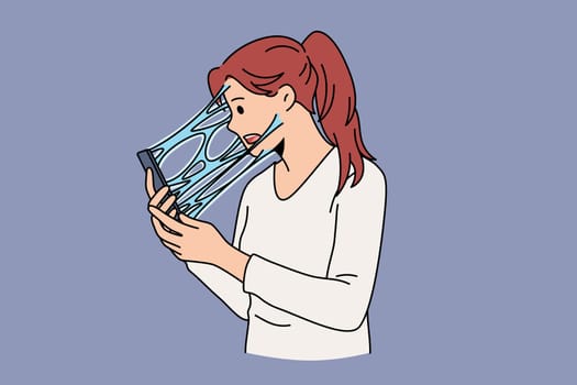 Addiction to internet and phone concept. Young stressed woman cartoon character standing feeling connected to screen phone with liquid vector illustration