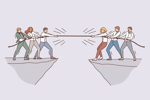 Business team and competition concept. Groups of business people teams coworkers competing with rope from opposite sides of abyss vector illustration