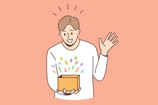 Feeling surprised and amazed concept. Young smiling boy man cartoon character standing looking at box with colorful surprise feeling amazed vector illustration