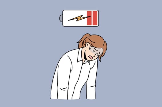 Exhaustion and Low energy concept. Young sad depressed tired woman office worker standing with hands down feeling totally exhausted with battery low vector illustration