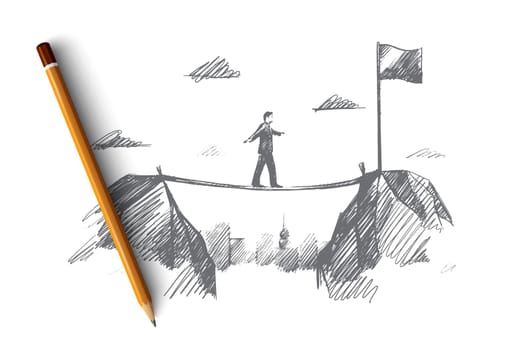 Business concept. Hand drawn businessman coming to his goal. man moves towards the goal isolated vector illustration.