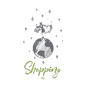 Shopping time concept. Hand drawn happy woman making shopping. Female runing with packages isolated vector illustration.