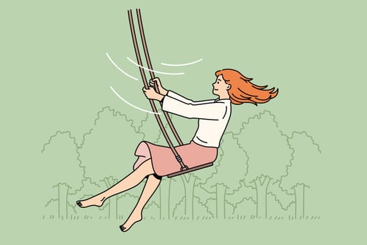 Summer leisure and activities concept. Young smiling woman cartoon character enjoying ride on swings outdoors enjoying ride vector illustration