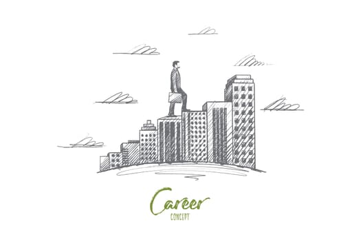 Career concept. Hand drawn man moves towards the goal. Person moves higher, symbol of ambition isolated vector illustration.