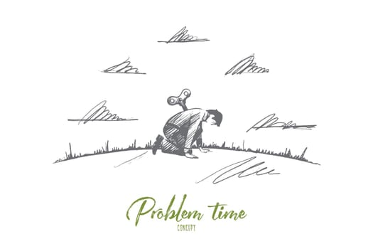 Problem time concept. Hand drawn sad man in trouble. Person tired isolated vector illustration.
