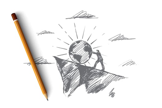 Planet concept. Hand drawn symbol of planet and man pushing it up. confident male pilot. Human-environment interaction isolated vector illustration.
