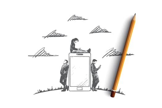 Gadgets time concept. Hand drawn people with gadgets. Men and women using smartphone and tablet. People browsing internet isolated vector illustration.