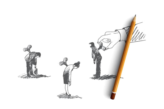 Motivation concept. Hand drawn people who need motivation. One man motivate another isolated vector illustration.