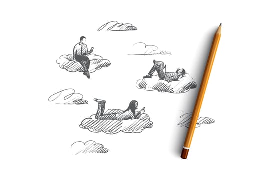 Social media concept. Hand drawn people connected with digital devices. Men and women have communication through the internet isolated vector illustration.