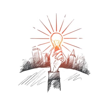 The best idea concept. Hand drawn hand with luminous light bulb. Bulb as a symbol of new idea isolated vector illustration.