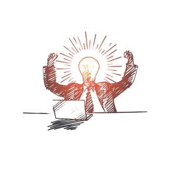 Vector hand drawn The best idea concept sketch. Bisinessman sitting at desk with laptop and rejoicing at great idea in his mind