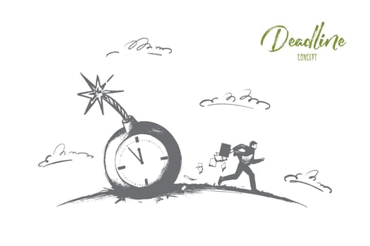 Deadline concept. Hand drawn businessman do urgent job in stress. Person running fast to do work in time isolated vector illustration.