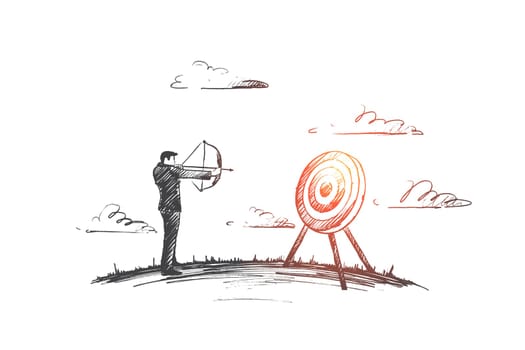 Target concept. Hand drawn man holding target with a dart in the center. Concept of objective attainment isolated vector illustration.