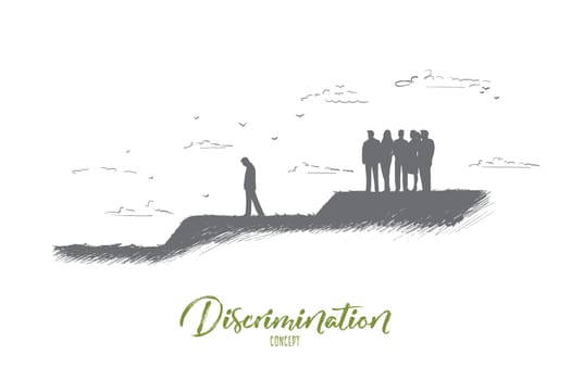 Discrimination concept. Hand drawn crowd of people expels one man from their community. Gossip people against one person isolated vector illustration.