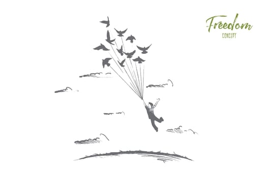 Freedom concept. Hand drawn person flying with birds. Emotion of freedom and happiness isolated vector illustration.