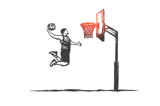 Basketball concept. Hand drawn player with ball jumping. Man playing in basketball isolated vector illustration.