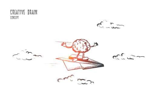 Creative brain concept. Hand drawn power of mind, human brain. Right and left hemispheres flying isolated vector illustration.
