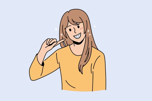 Problems with teeth and dental crisis concept. Young smiling girl cartoon character standing pointing at her bad black teeth with cavity vector illustration