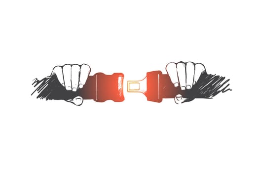 Safe driving concept. Hand drawn person fastening seat belt in car. Protection of passenger in automobile isolated vector illustration.