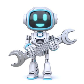 Cute blue robot holding wrench tool 3D rendering illustration isolated on white background