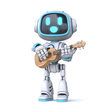 Cute blue robot playing ukulele 3D rendering illustration isolated on white background