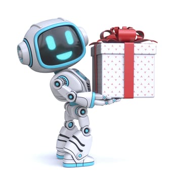 Cute blue robot holding gift box 3D rendering illustration isolated on white background