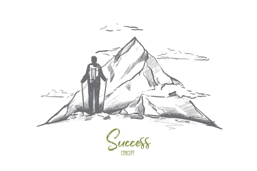 Success concept. Hand drawn person on top of mountain as symbol of success. Man with backpack trekking isolated vector illustration.