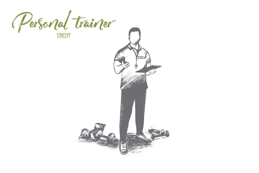 Personal trainer concept. Hand drawn professional fitness coach. Handsome male trainer with clipboard isolated vector illustration.