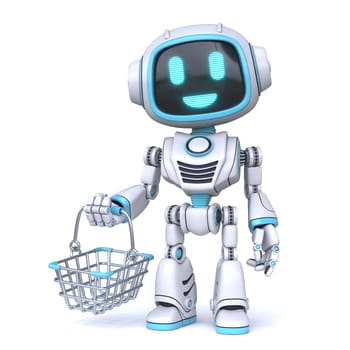 Cute blue robot with shopping basket 3D rendering illustration isolated on white background