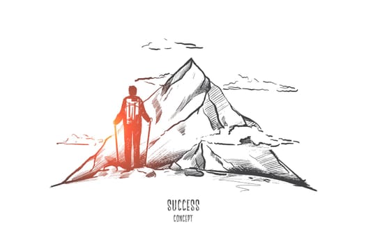 Success concept. Hand drawn person on top of mountain as symbol of success. Man with backpack trekking isolated vector illustration.