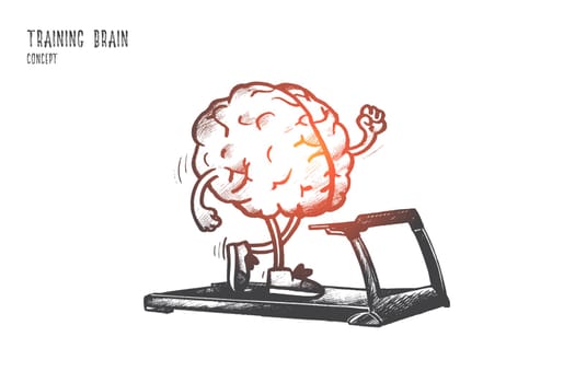 Training brain concept. Hand drawn human brain training on running track. Improving intellect skills isolated vector illustration.