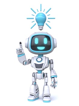 Cute blue robot with blue light bulb have an idea 3D rendering illustration isolated on white background