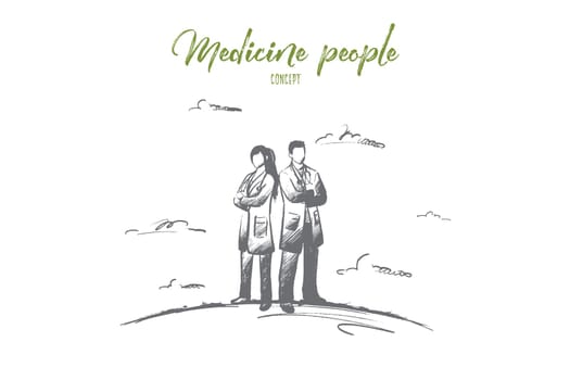 Medicine people concept. Hand drawn medical staff in white coat. Medicine personal ready to help patient isolated vector illustration.