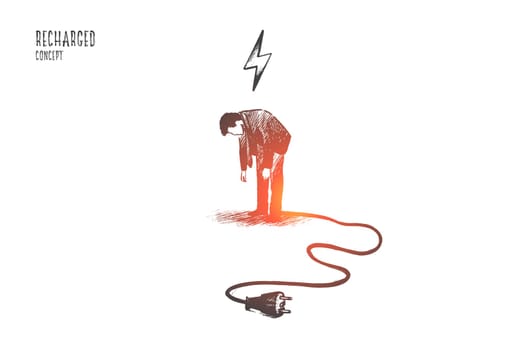 Recharge trainer concept. Hand drawn discharge businessman need to relax. Person needs energy for success isolated vector illustration.