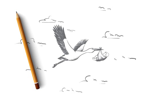 Pregnancy concept. Hand drawn stork in flight delivering a newborn baby. Symbol of newborn child isolated vector illustration.