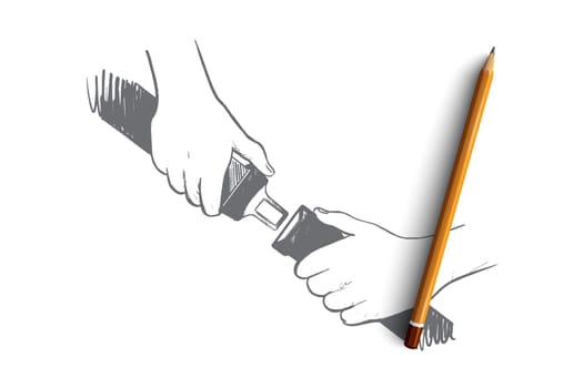 Fasten seat belt concept. Hand drawn hands locking seat belt. Protection of passenger during traffic isolated vector illustration.