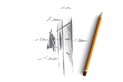 Growth of business concept. Hand drawn superhero flying up near the wall of skyscraper. Motion up isolated vector illustration.