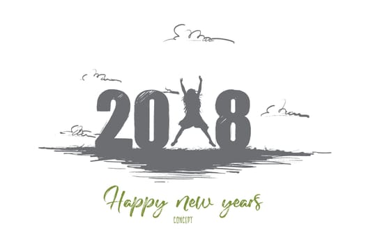 Happy new years concept. Hand drawn silhouette woman jumping and figures 2018 near. Happily celebrating new year isolated vector illustration.