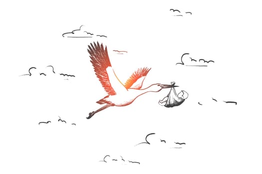 Pregnancy concept. Hand drawn stork in flight delivering a newborn baby. Symbol of newborn child isolated vector illustration.