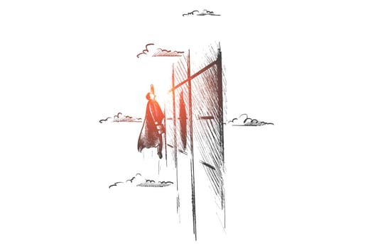 Growth of business concept. Hand drawn superhero flying up near the wall of skyscraper. Motion up isolated vector illustration.
