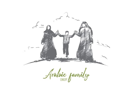 Arabic family concept. Hand drawn parents and child. Happy middle eastern family isolated vector illustration.